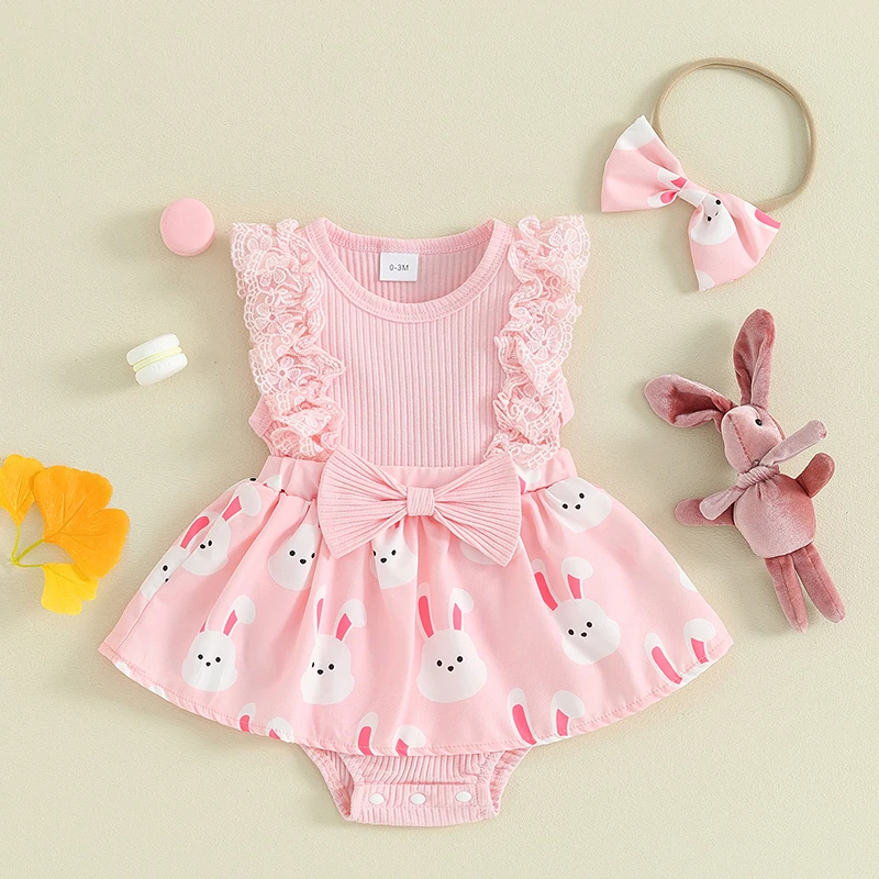 

Newborn Baby Girl Easter Clothes Ribbed Romper Dress Ruffle Sleeveless Tutu Skirt Bodysuit With Headband Set