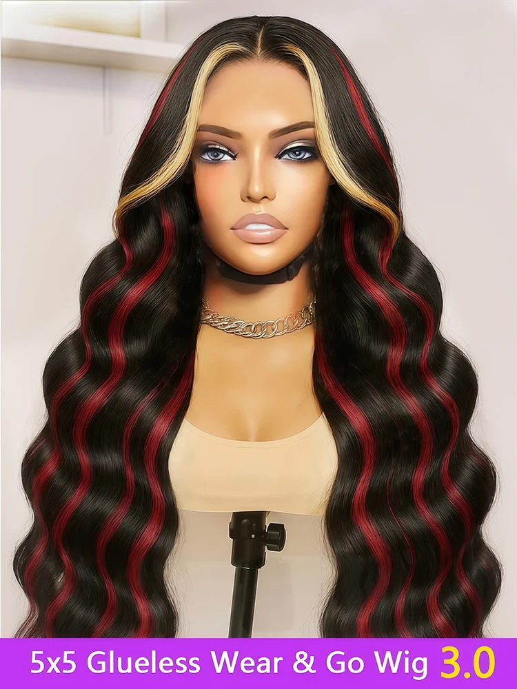 

1B/27/Red With Black Blonde Highlight Wig 30 Inch 5x5 Glueless Body Wave Colored Wear And Go Wigs 180 Density Human Hair Wigs