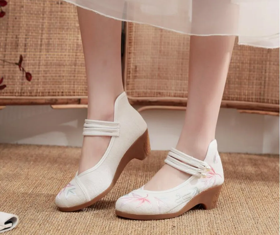Women Ankle Button Strap Pumps Ethnic Embroidery Mary Jane Dress Shoes Mid Heel Cotton Fabric Espadrilles Vintage Sandals