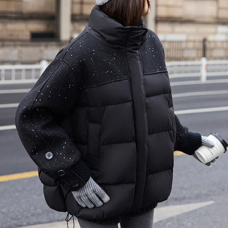 Winter Tweed Splicing Cotton Jacket For Women Korean Stand Collar Sequins Thicken Coat Casual Fashion Loose Warm Jackets
