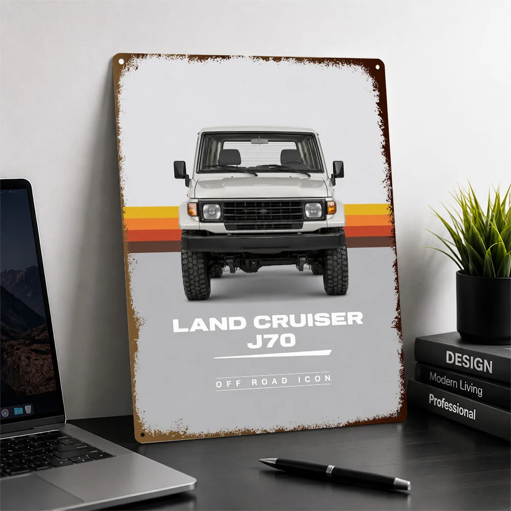 Japan Land Cruiser J70 White Off-Road Car Textured Poster Customized Metal Tin Sign Bold Terrain Style Wall Art Ideal For Home
