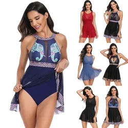 Bañador Sexy de malla de una pieza para mujer, traje de baño de talla grande, falda, Monokini sin espalda, novedad de 2024