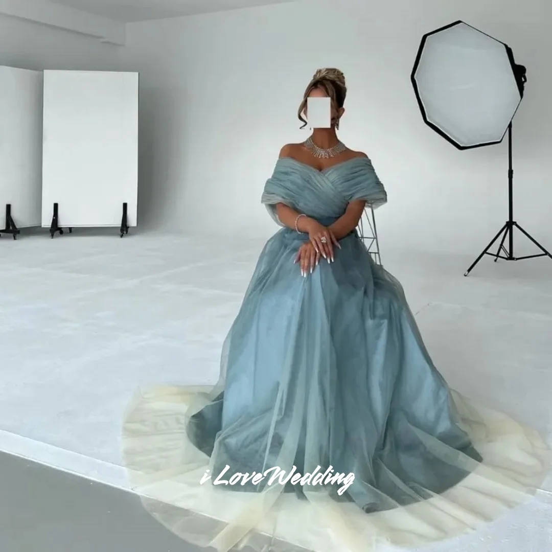 الأزرق الخامس الرقبة فساتين لحضور الحفلات الموسيقية 2025 قبالة الكتف ألف خط الطابق طول عارية الذراعين مطوي فساتين السهرة فساتين الزفاف الضيوف مخصصة #4