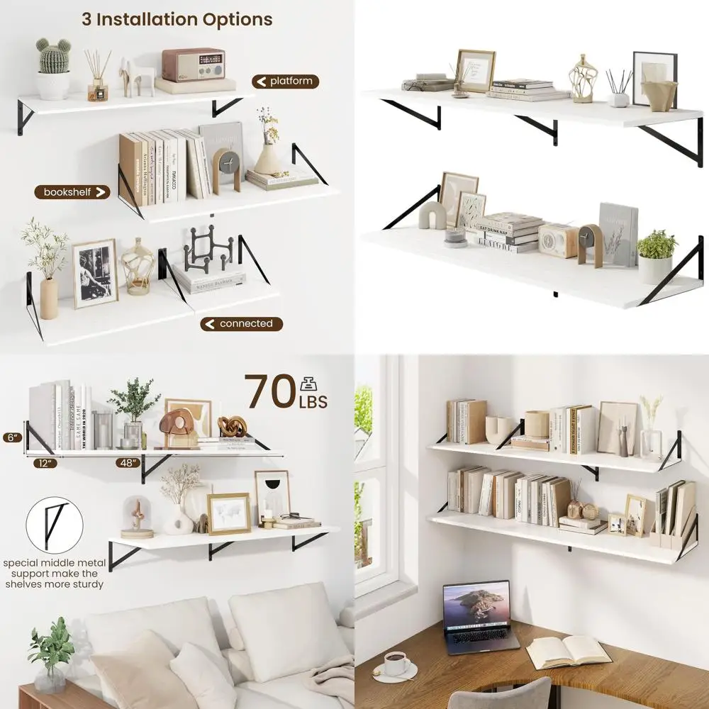 

Pair of 48 Wide, 12 Deep White Floating Shelves with Metal Brackets for Home Decor