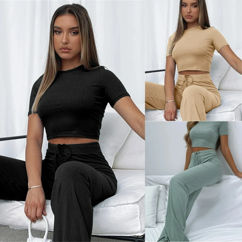 

Summer 2026 European Style Fashionable Casual Women Wear Featuring Short Sleeves Short Tops Long Pants Knitted Casual Sets