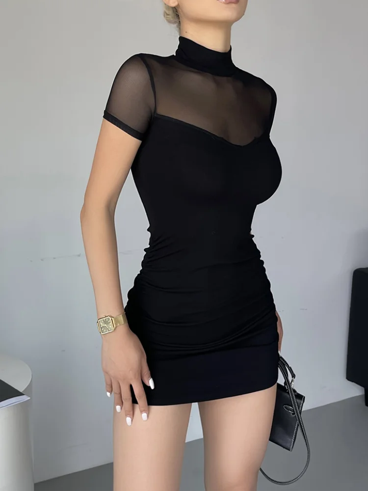 Sommer Hot Girl Sexy Kleider Bodycon Club Durchsichtiges Mesh-Spleißen Schlankes Kurzarm-Minikleid für Frauen