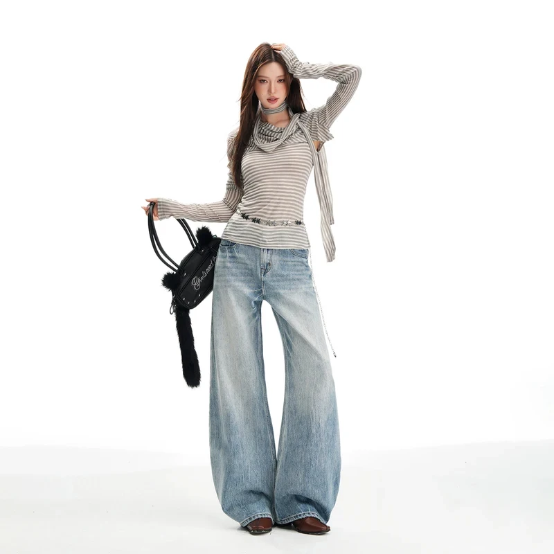 

Women's Heavy Washed Cutlass Non-Stretch Low Rise Loose Wide Leg Jeans