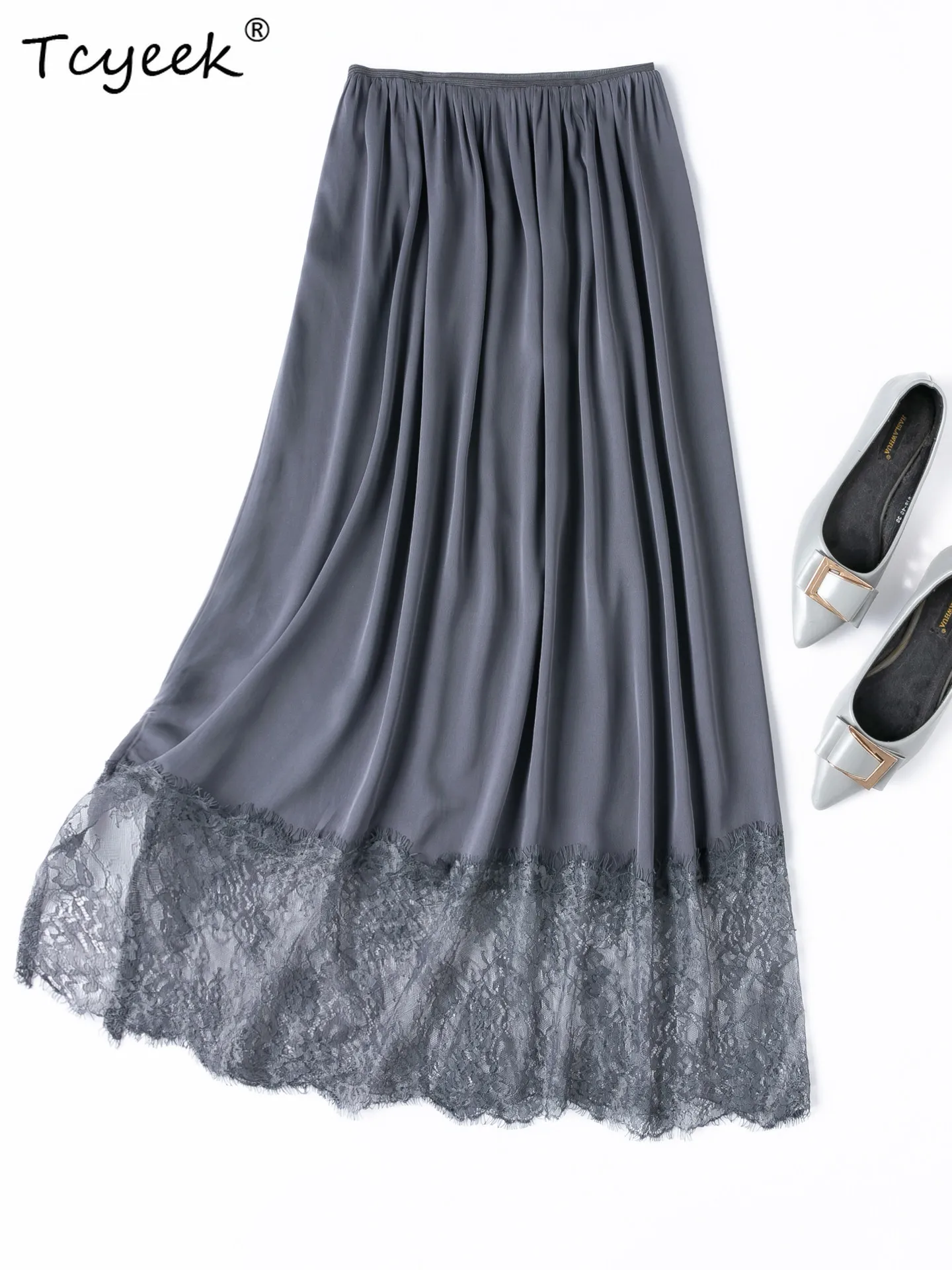 Tcyeek 93% Real Silk Women Long Skirts 2026 Spring Summer Elastic Waist Lace-trimmed Skirt Ladies Clothing Faldones Para Mujer