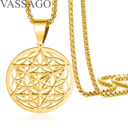 VASSAGO Merkabah on Flower of Life Necklace Buddhist Lotus Flower Mandala Necklace Geometry Star Tetrahedron Merkaba Necklace