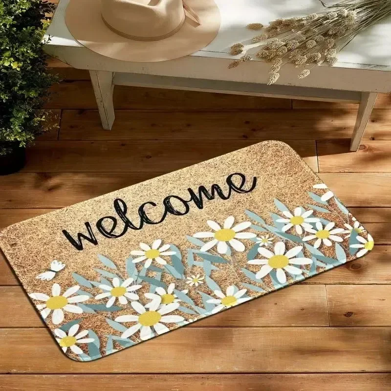 Floral & Letter Graphic Mat Welcome Entrance Doormat Non Slip Kitchen Bath Floor Rug Washable Carpet for Home Bedroom Decoration