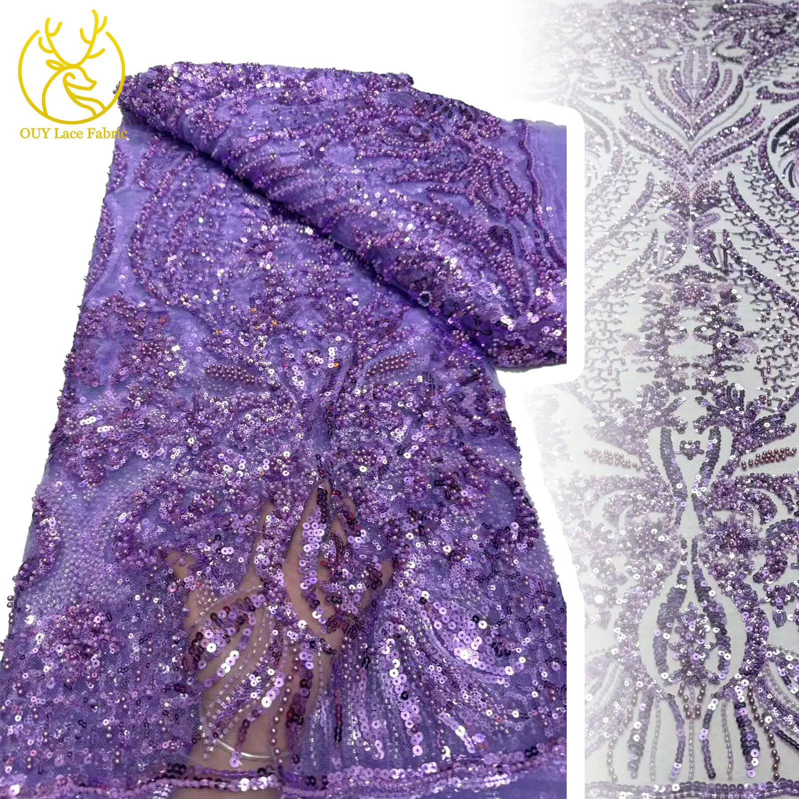 

African Mesh Beaded Lace Fabric 5 Yards High Quality French Sequins Embroidery Lace Fabric For Decorative Wedding Dress Sewing