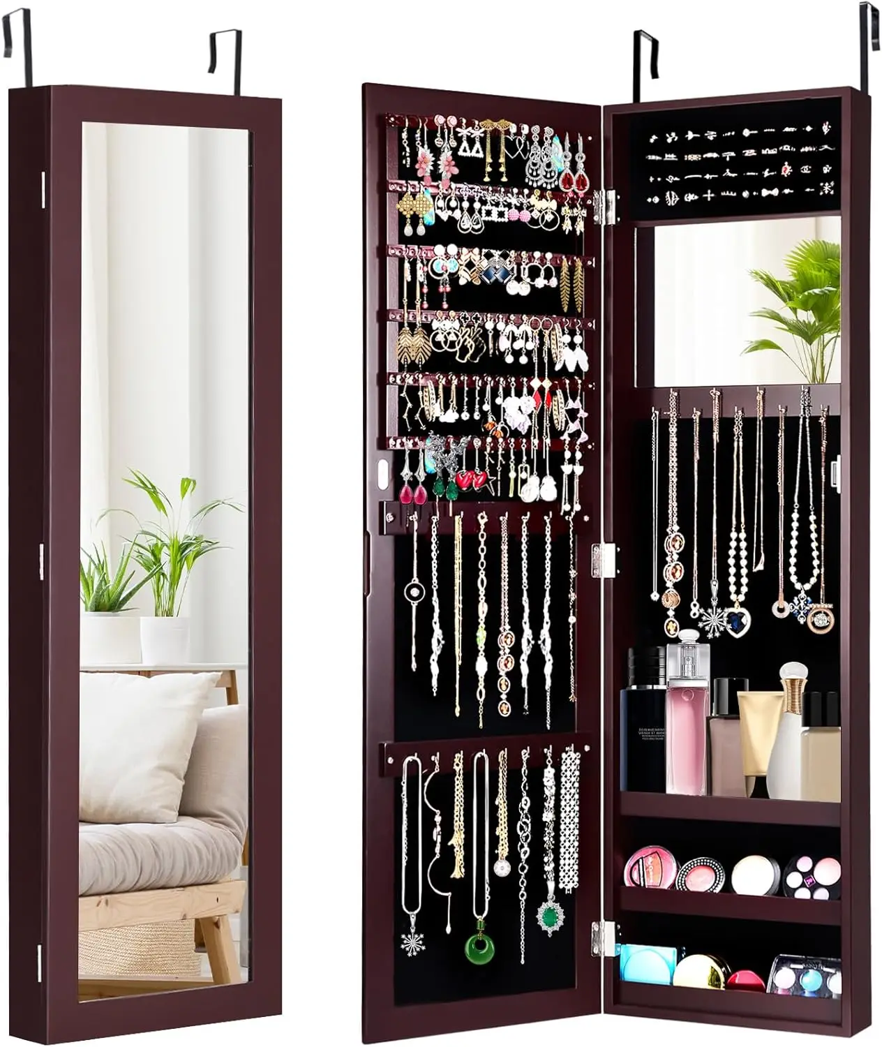 

Over The Door Jewelry Organizer withBuilt-in Makeup Mirror, Storage Shelves, Door Mounted Jewelry Armoire for Women(Brown)