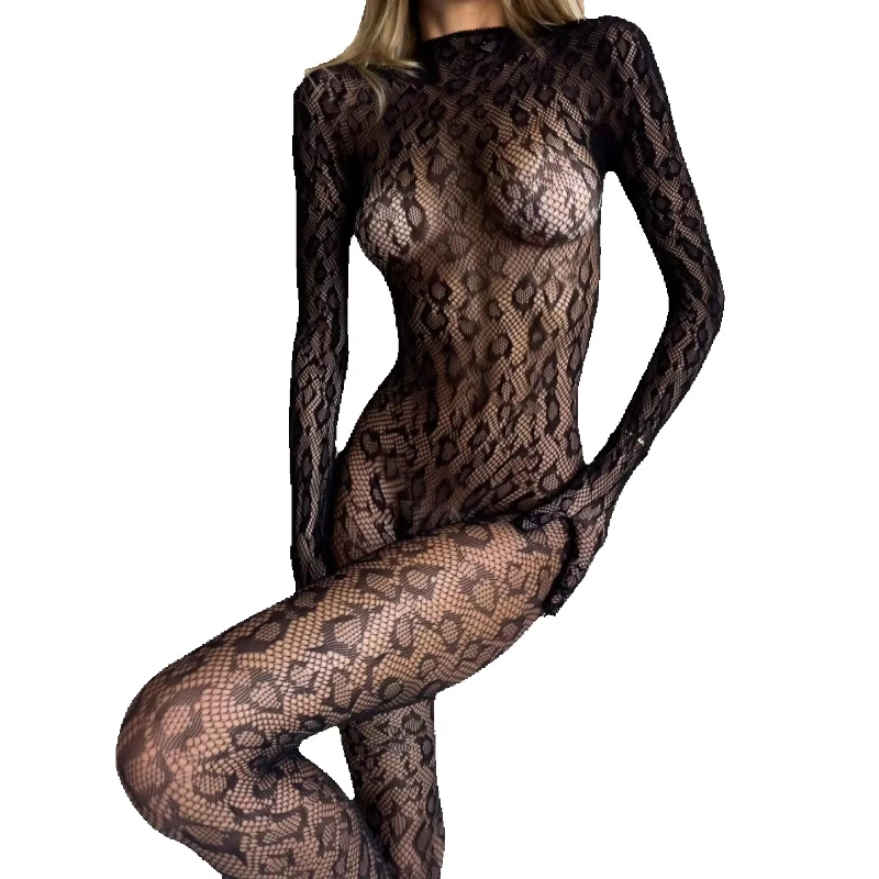 Sexy Female Lingerie Fantasy Closed Crotch Backless Sheer Long Sleeve Jumpsuit, Nightwear Party Clubwear Adult One-piece Bodysui