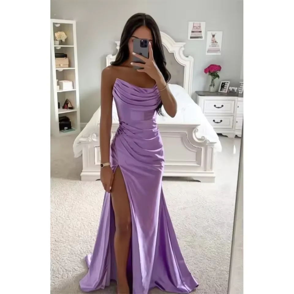 

Customized Satin Mermaid Prom Dress Straples Floor-Length Pleats Wedding Dress Side High Split Evening Dress vestidos de fiesta