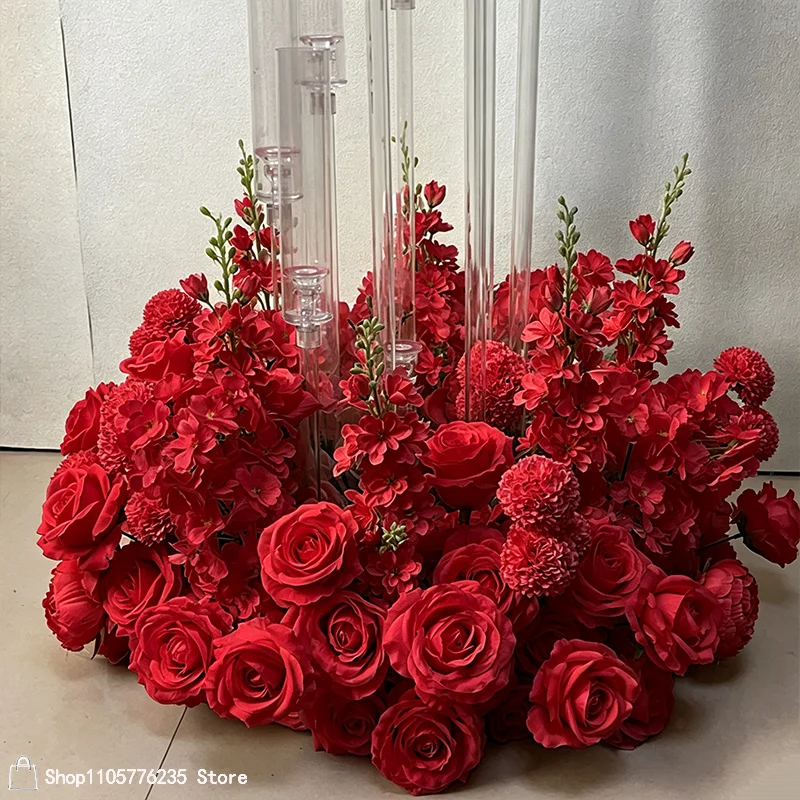 Rote Rose Delphinium Künstliche Blume Hochzeitstisch-Mittelstück Kranz Blumenarrangement Bankett Hotel Dekoration 30/40/50/60/70CM – Detail 5