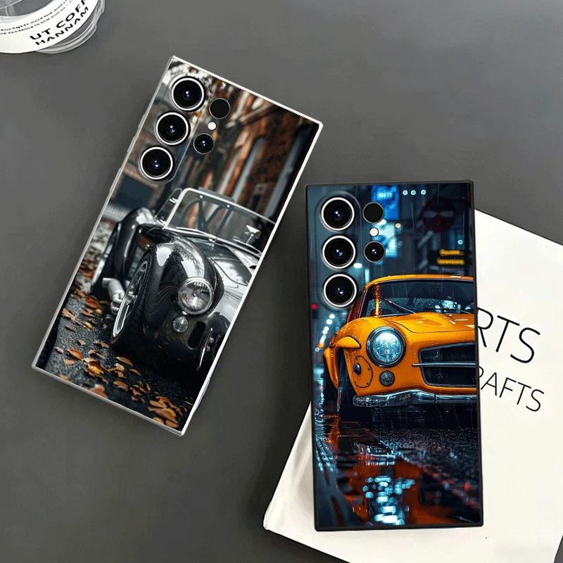 Vintage Car Retro Nostalgia Soft Phone Case For Samsung S24 S25 S26 Ultra S23 S22 Plus S21 S20 FE Edge + Black White Couple Cove