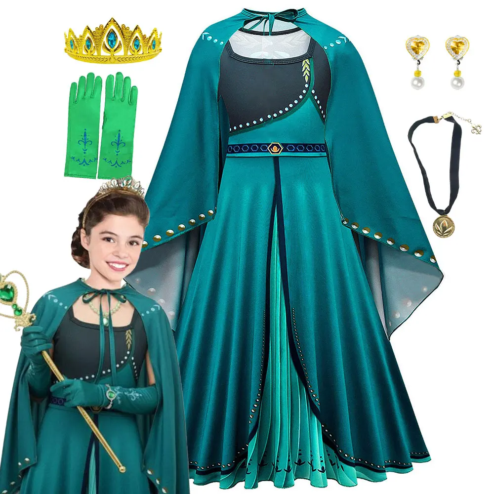 Vestido de princesa para niñas, ideal para disfraces y juegos de rol, con capa, inspirado en la Reina de las Nieves, Anna. Disfraz para fiestas de Halloween, eventos de disfraces y ceremonias de coronación.