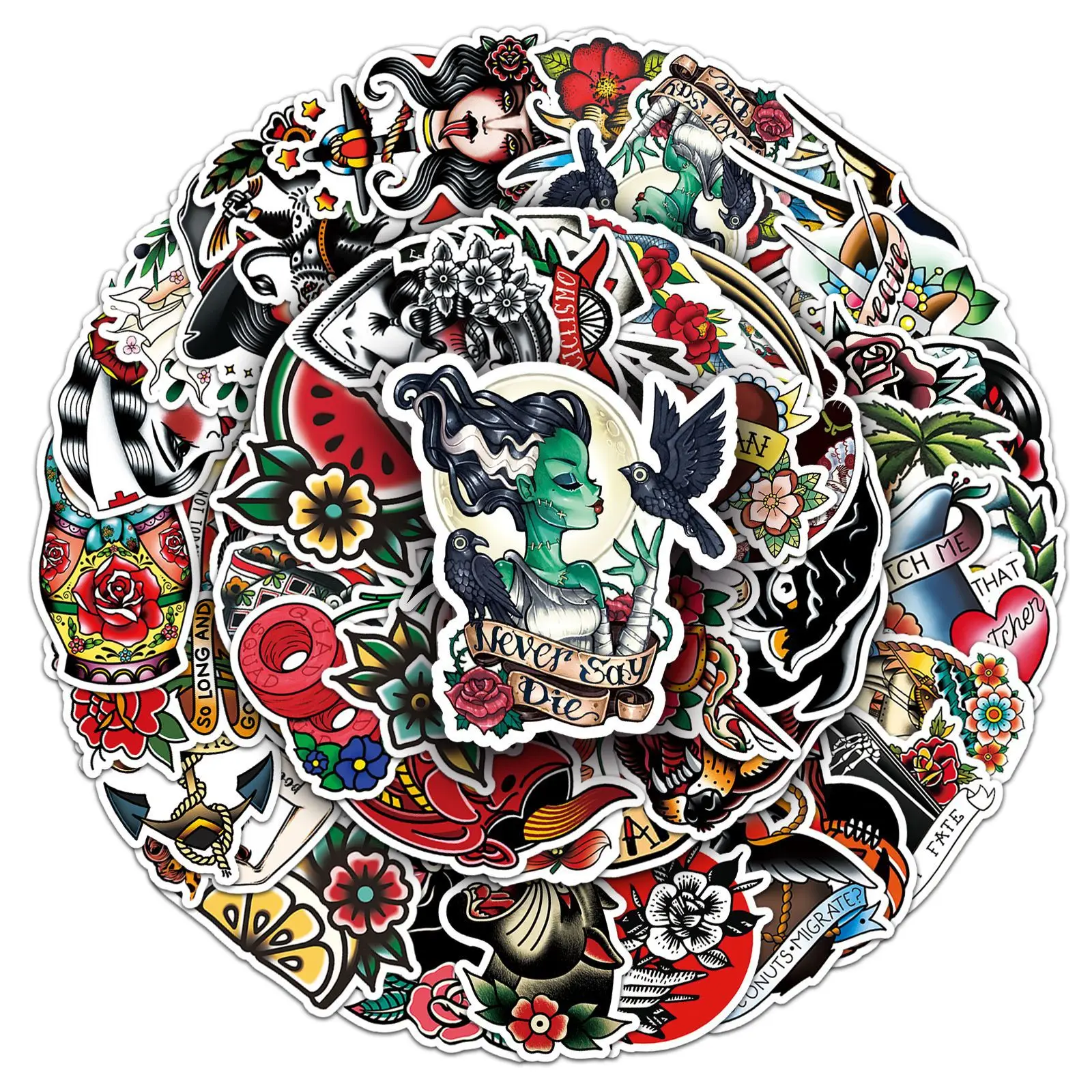 10/50PCS Colorful Tattoo Pattern Personalized Retro Old School Style Graffiti Decoration Waterproof Sticker Kids Toy