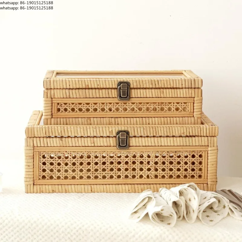 New promotional products. Vine and rattan stacked storage boxes for Bohemian farmhouse decoration, with glass roof, set of 2