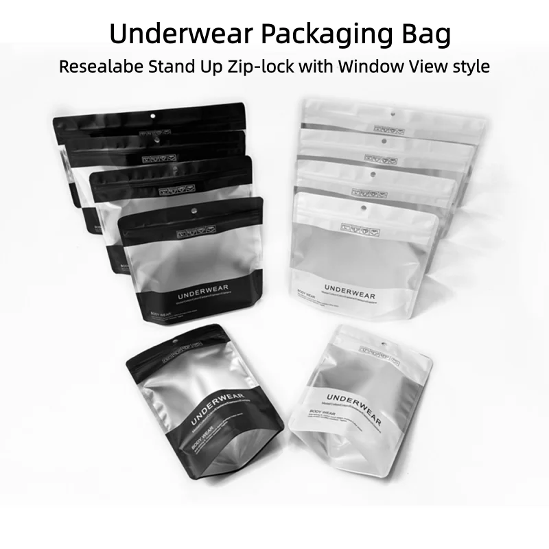 

100pcs Stand Up Underwear Packaging Bag - Matte Frosted window View Zipper Pouch - Resealable, Aluminum Foil, Storage Organizer