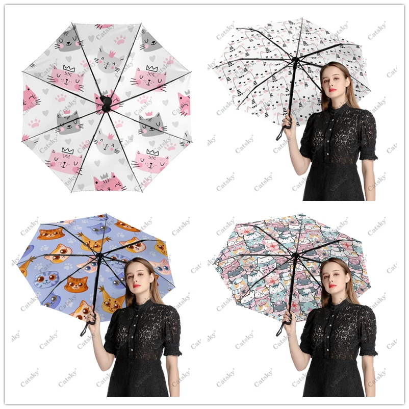 Cute Cats Cartoon Wo Folding Umbrella Windproof Sunscreen  UV Protection Fashion Portable Gift Travel Outdoor Umbrellas