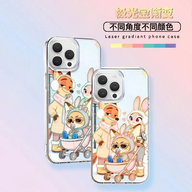 

Милый чехол для телефона Disney Zootopia с Ником и Джуди для iPhone 12, 13, 16, 15, 14, 11, 17 Pro Max Plus, с изображением кролика и лисы, лазерный мультяшный дизайн