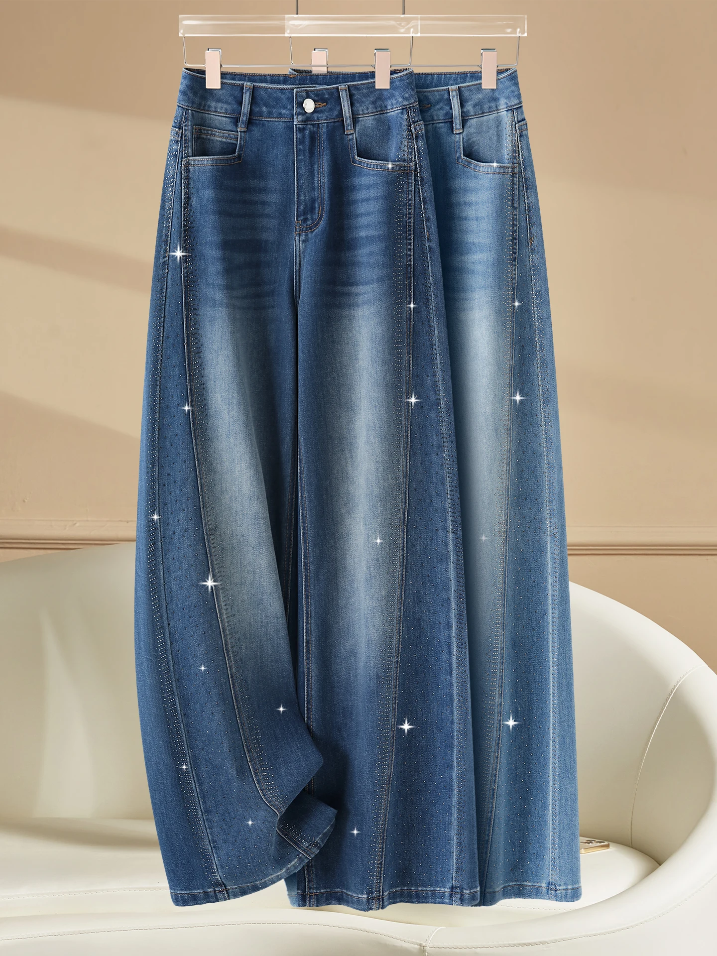 

High Waist Straight Leg Jeans Women's Spring Autumn New Popular Nine Points Rhinestone Slim Wide Leg Micro Flare Pants