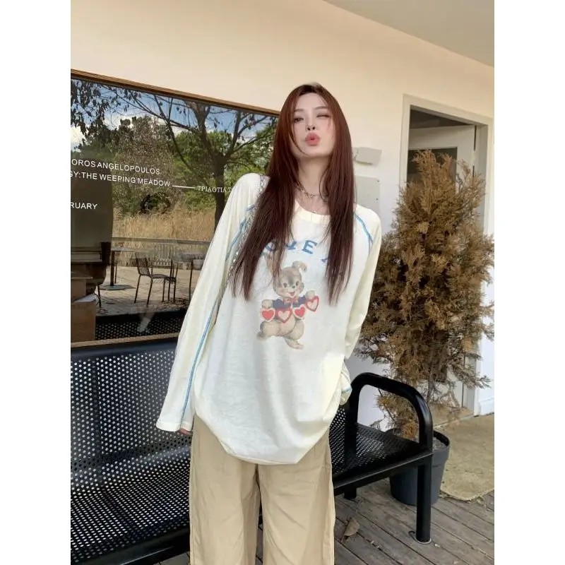 Original Cute Rabbit Print Long Sleeve T-Shirt Women's Loose Casual Overhead Mid-Length Spring Fashion Korean Style Cotton Blend