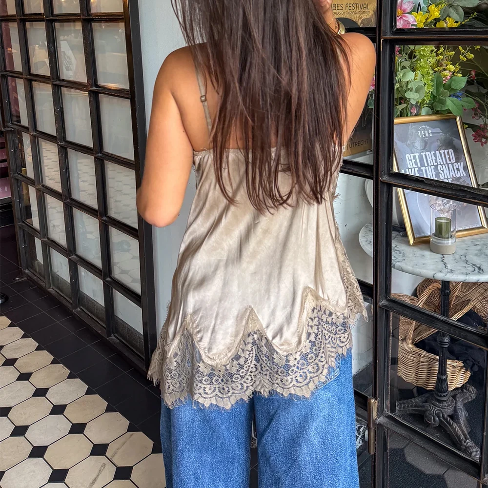 Vrouwen Retro Boho Kanten Afwerking Satijnen Tank Tops V-hals Zijden Hemdje Tops Asymmetrische Backless Spaghetti Band Tank Cami Shirts