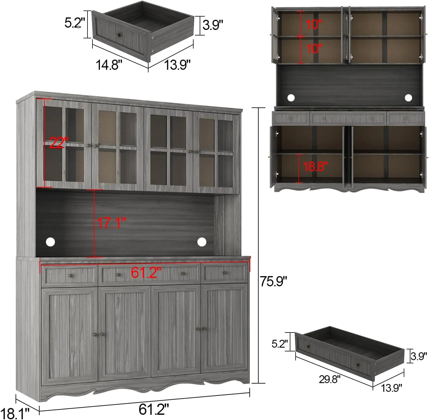 Large Storage Cabinet with Acrylic Doors,Display Hutch, Storage Shelf & 3 Drawers,  Bookcase for Home Office Kitchen Garage