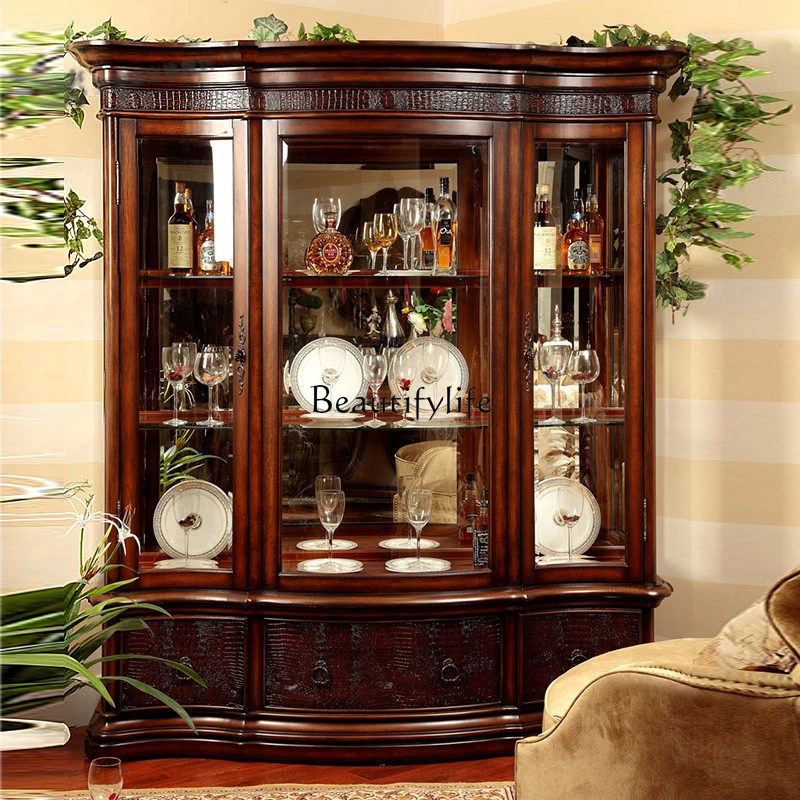 American rural simple solid wood 3-door luxury glass wine cabinet European retro side cabinet