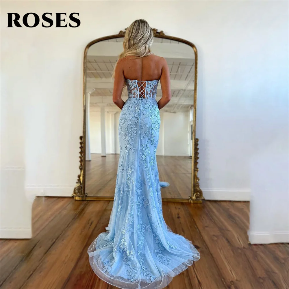 ROSES-Robe de Soirée de Forme Sirène, Tenue Éducative, Bleu Clair, avec des Appliques, en Filet, Charmante, à Lacets dans le Dos