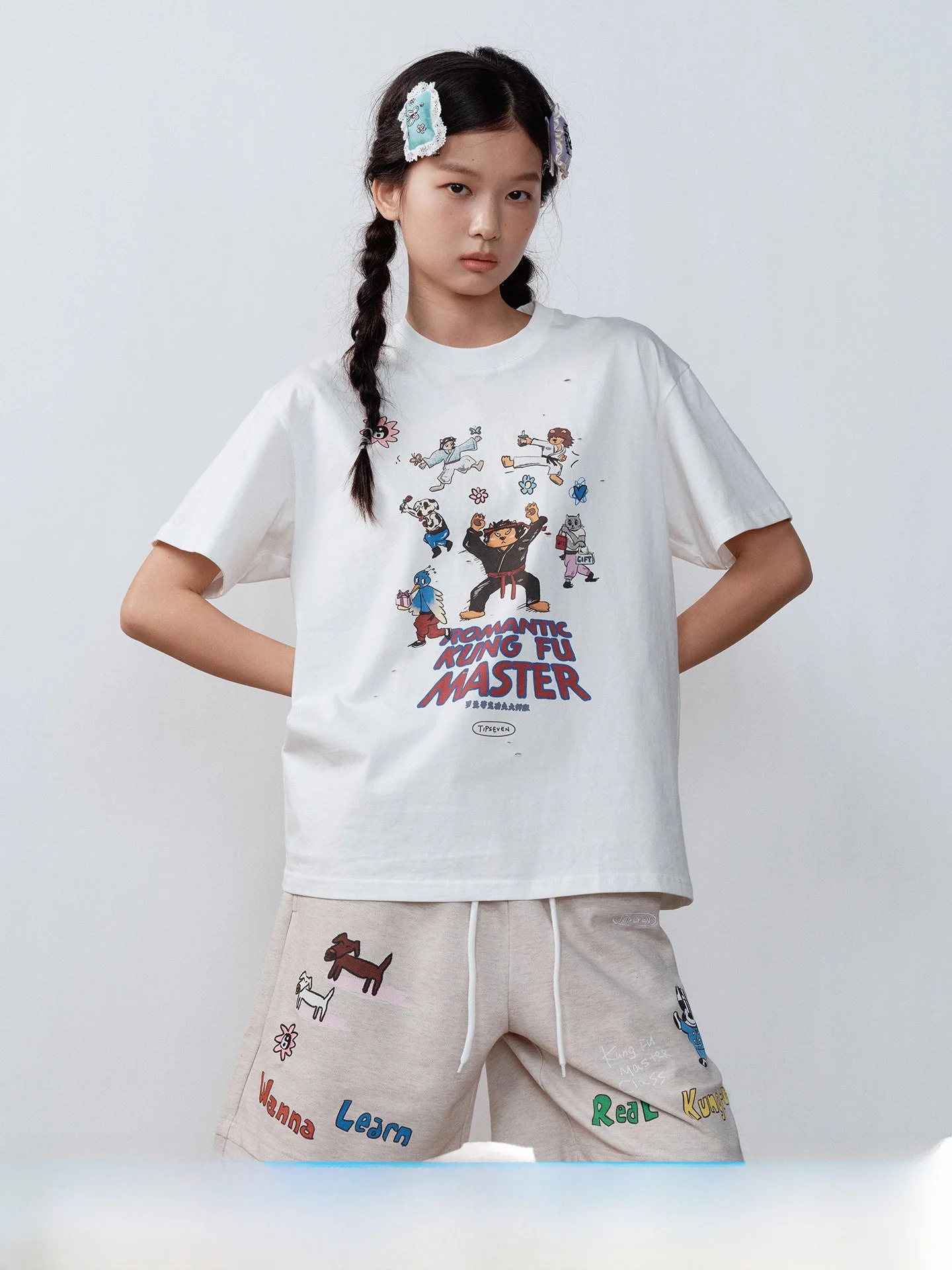 Romantic Kung Fu Print T-Shirt Casual Loose Short Sleeve American Vintage Style Cotton round Neck Top for Women Summer Wear