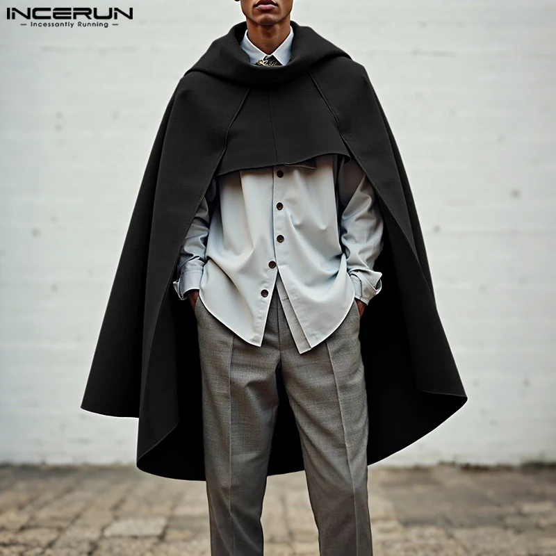 INCERUN Men Cloak Cape Solid Color Loose Casual Male Irregular Trench Streetwear 2025 Fashion Coats Long Style Ponchos Men