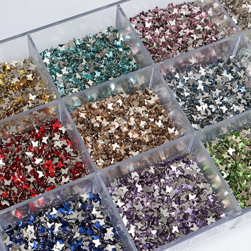 Mini 4MM Flat Back Butterfly Nail Art Rhinestones 12Color Glass Crystals Stone DIY Manicure Decorations Diamond 100pcs