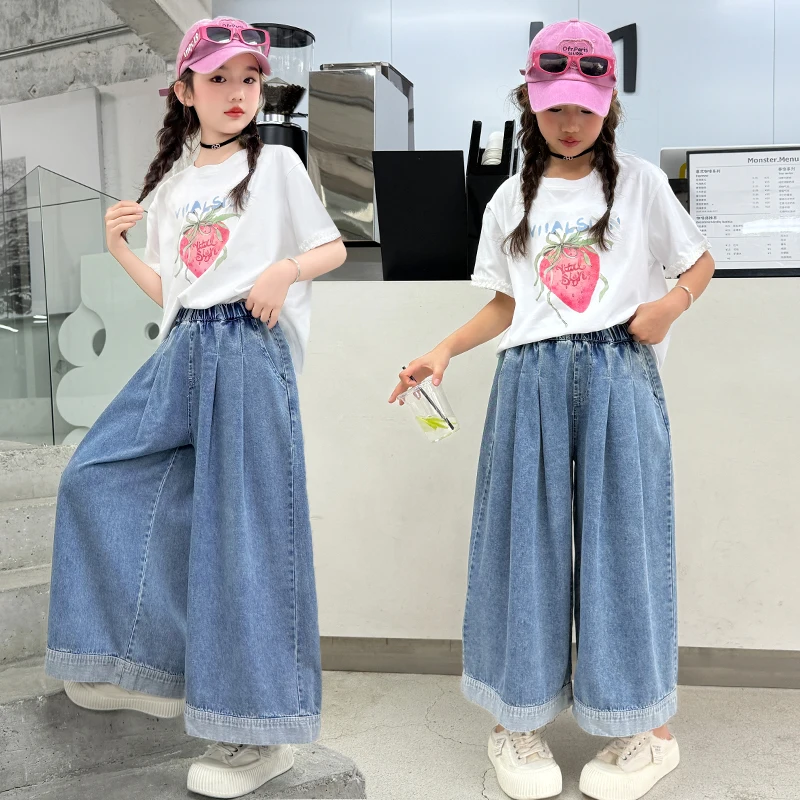 Girls Clothes Set Teen Kids 2-Pcs Suits T-Shirt + Cowboy Wide Leg Pants Sets Sweetheart Suits Children Casual Sets Size 120-170
