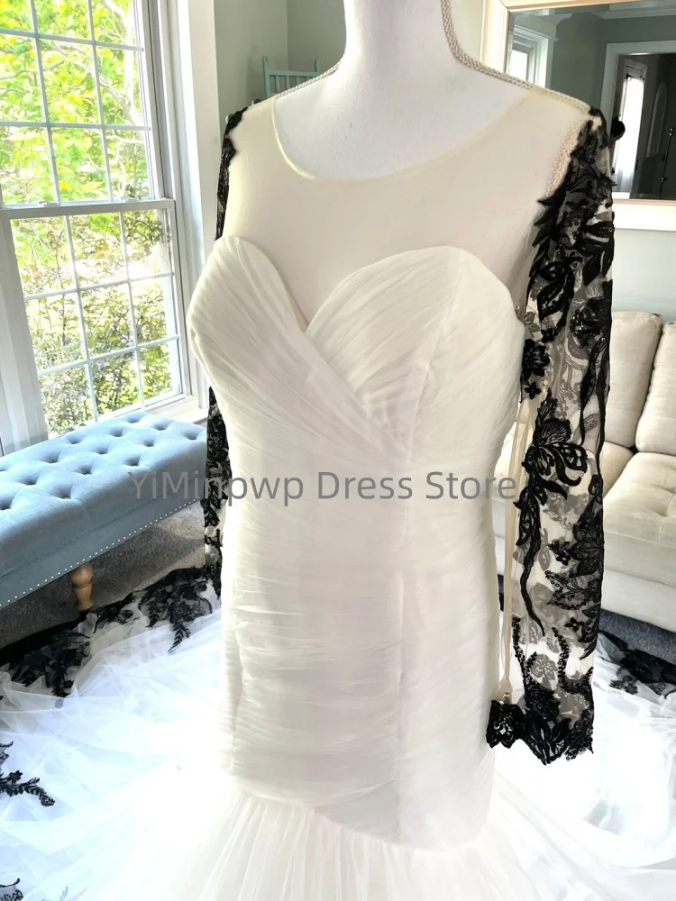 Gothic Wedding Dresses O-Neck Long Sleeve Mermaid Bride Dress Appliques Pleat Halloween Bridal Gown Customized robe de mariée