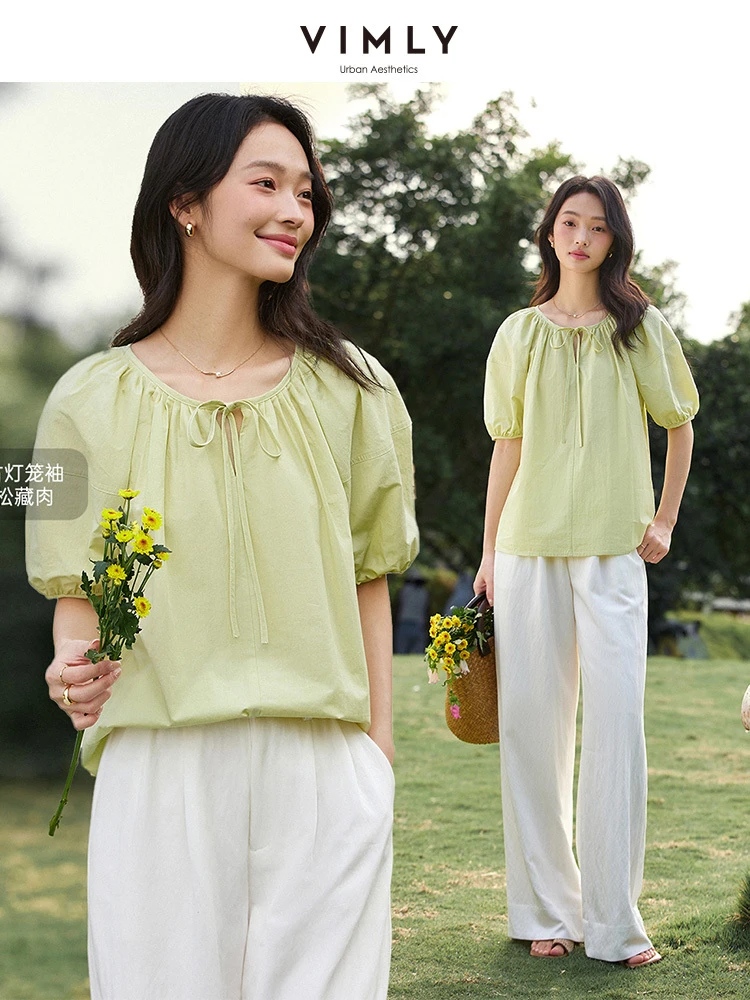 

VIMLY Fashion Casual Bubble Sleeve Shirt Women's New Loose Lace-Up Crew Neck Short Sleeve Top In Summer 2025 A1557
