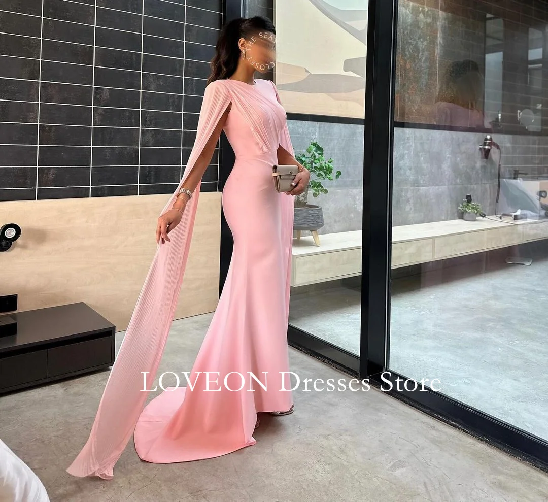 GIOIO O-Neck Simple Evening Dresses Cape Sleeves Pink Formal Customized Ruched Vintage Elegant Prom Gowns Party Women