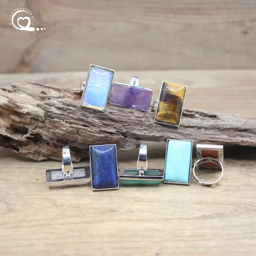 

Rectangle Natural Stone Cabochon Ring Amethysts Lapis Tiger eye Turquoises Resizable Finger Rings Women Fashion Jewelry,QC4055
