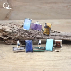 Rectangle Natural Stone Cabochon Ring Amethysts Lapis Tiger eye Turquoises Resizable Finger Rings Women Fashion Jewelry,QC4055
