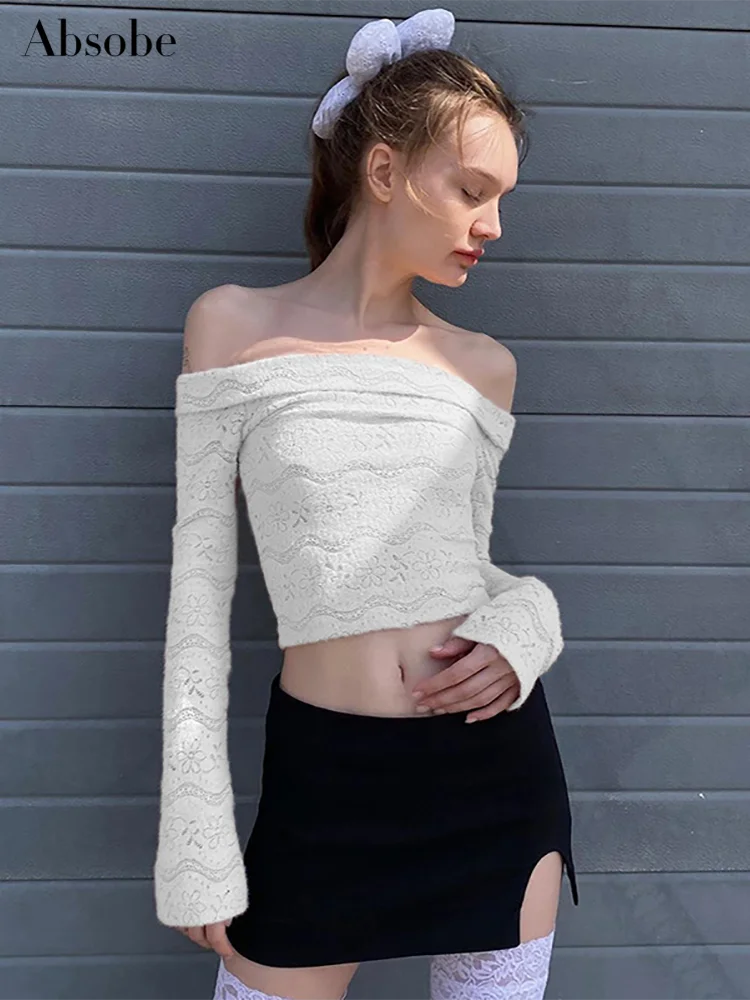 

Absobe Off Shoulder Plush Patchwork Lace Crop Top Women Solid Crochet Flare Long Sleeve Slim T-shirt Hottie Autumn Streetwear