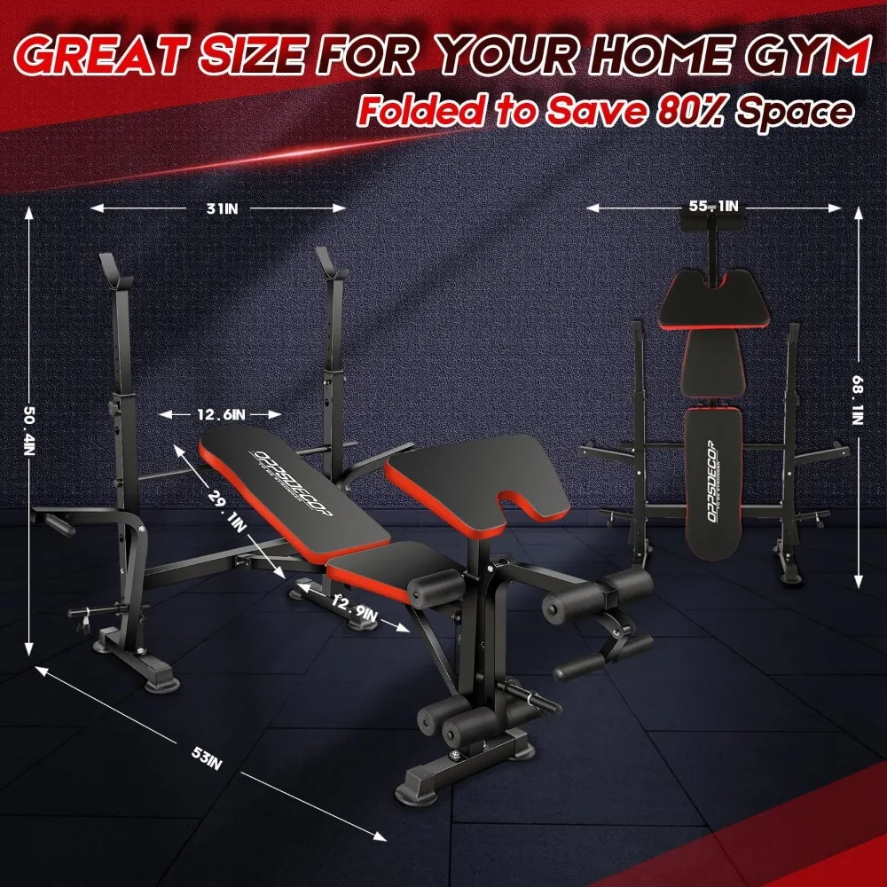 Multi-Function Peso Bench Set com Squat Rack, Banco de Treino com Extensão Perna, Pregador Curl Rack, 660 libras, 6 em 1