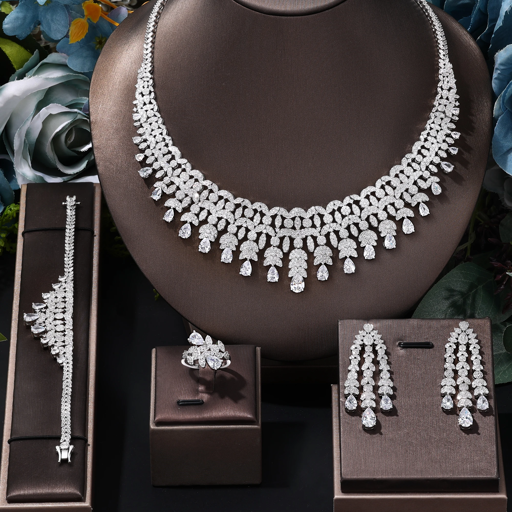 

Hot Sale Tassel Necklace Earring Cubic Zirconia Jewelry Set Dubai Birdal Jewelry Sets Wedding Pary Brides Accessories