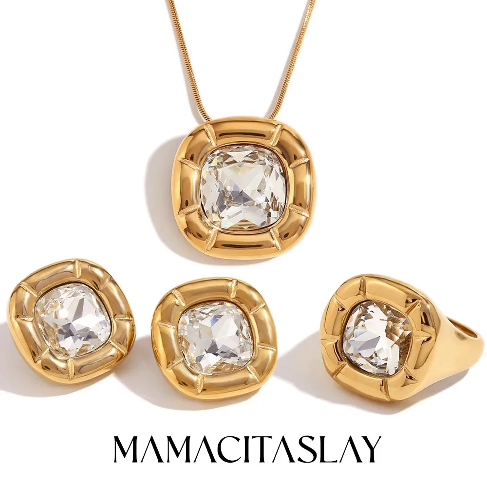 MamacitaSlay Luxury Rounded Square Corful Zircon Around Rays Necklace For Women Rings Stainless Steel Earrings Jewellery Women