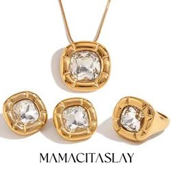 MamacitaSlay 18K Gold Plated Stainless Steel Rounded Square Zircon Necklace Earring Ring Women's Fashionable Waterproof Jewelry
