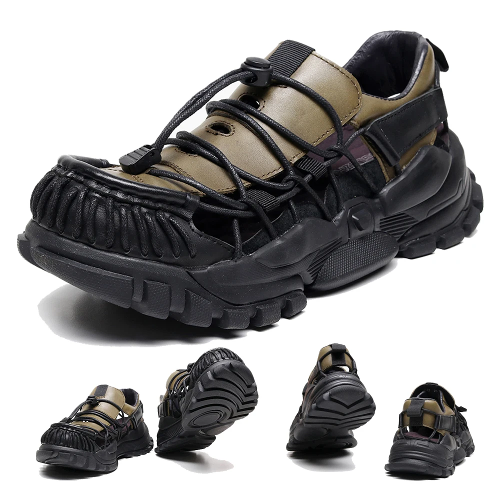 

Fashion Genuine Leather Men's Sandals Punk Platform Casual Hiking Shoes Elastic Band Breathable Sandals Thick soled Fisherman