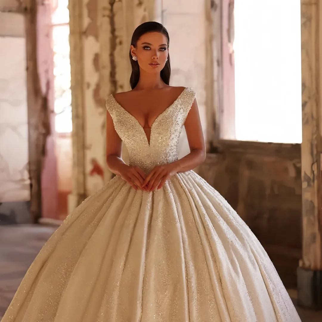 Customized Luxury A-Line Wedding Dresses Sleveless Lace  Beaded Sequined Elegant Glitter Made Bridal Gowns Vestido De