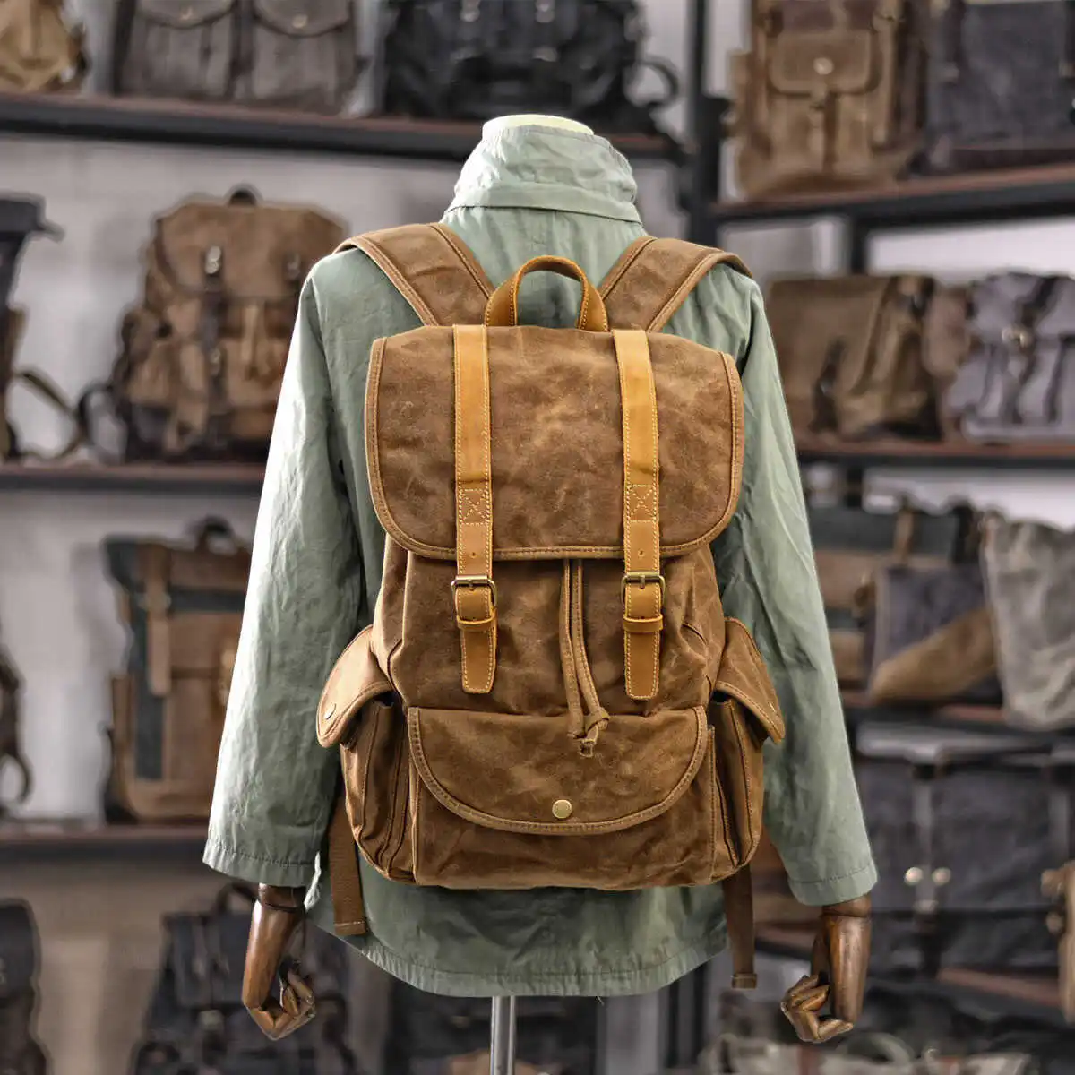 Retro Style Travel Backpack Wax Dyed Canvas Outdoor Multi Functional Hiking Camping Sports Mountain Climbing Rucksack