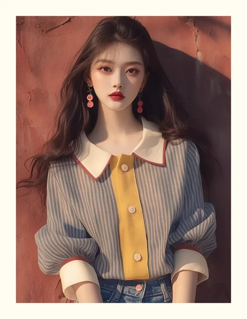 Chiffon Vintage Women's Shirt Summer New 2024 Stripe Korean Clothing Sales Loose Tops Short Sleeves Elegant Women Blouses